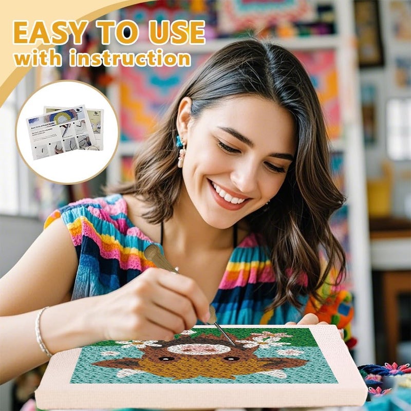 DOODLREAM Highland Cow DIY Punch Needle Embroidery Kit for Adult Beginner, 9.4" Highland Cow Animal Punch Stitching Craft Set for Starter with Frame, Fabric Pattern, Threader, Yarn, Pinch Needle - Image 3